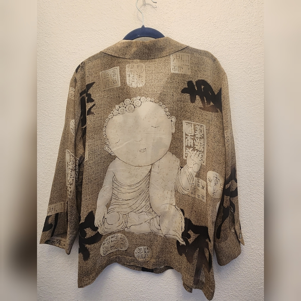 Vintage Chicos Designs 100% Silk Buddha Graphic Button Front Top Size 1 - Picture 8 of 8